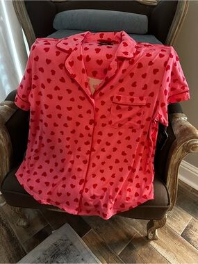 Kate Spade Pink and Red Heart Print Button Up Pajama Top